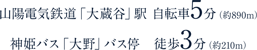 山陽電気鉄道「大蔵谷」駅　自転車5分（約890m）神姫バス「大野」バス停　徒歩3分（約210m）