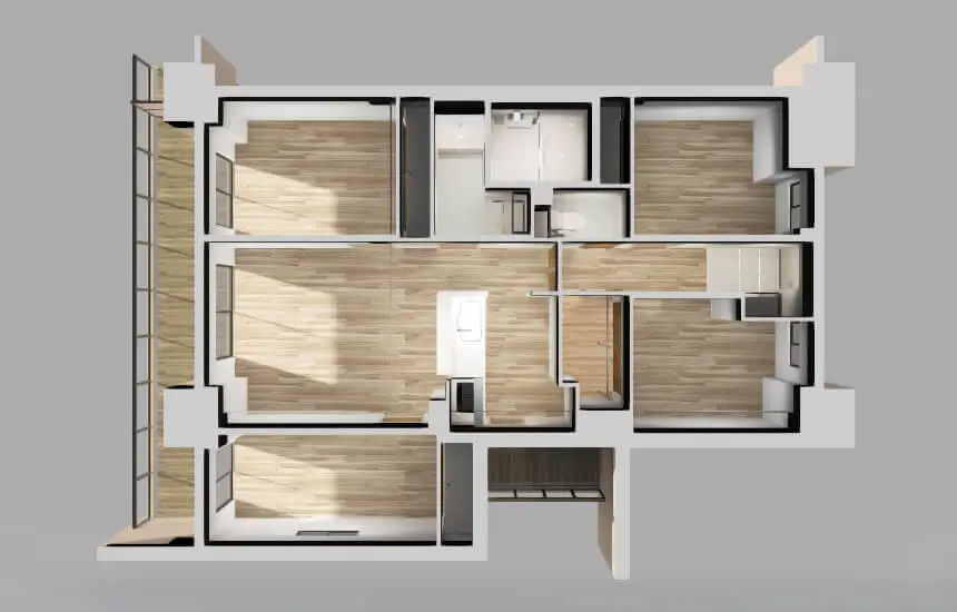 バルコニー面3ルームプランの間取り図