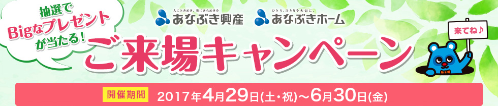 抽選でBigなプレゼントが当たる！ご来場キャンペーン 開催期間 2017年4月29日(土・祝)～6月30日(金)