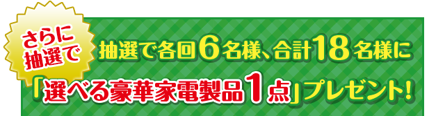 さらに抽選で各回６名様、合計18名様に「選べる豪華家電製品1点」プレゼント！