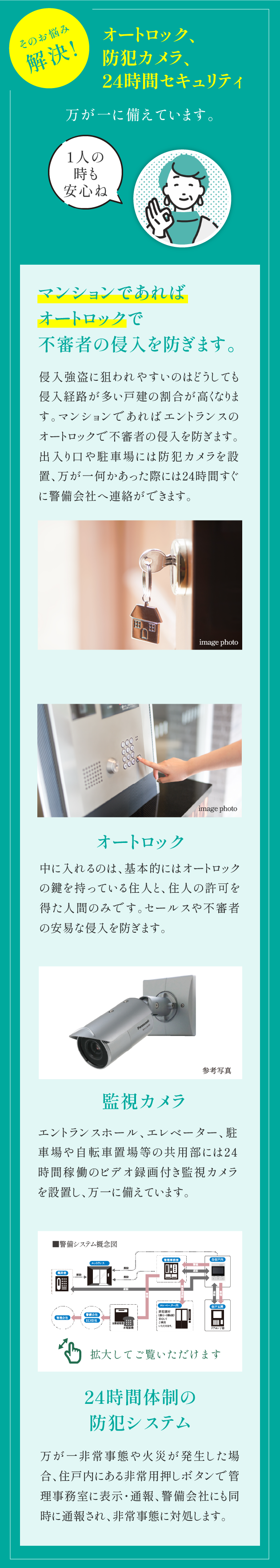 オートロック、防犯カメラ、24時間セキュリティ