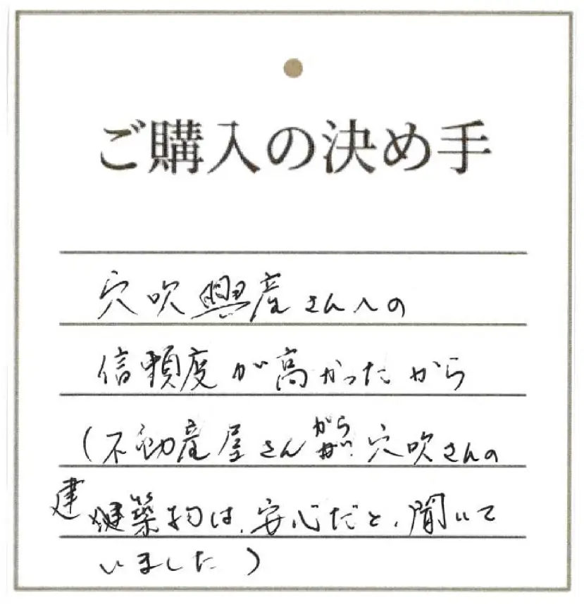 穴吹興産さんへの信頼度が高かったから(不動産屋さんが穴吹さんの建築物は安心だと聞いていました)