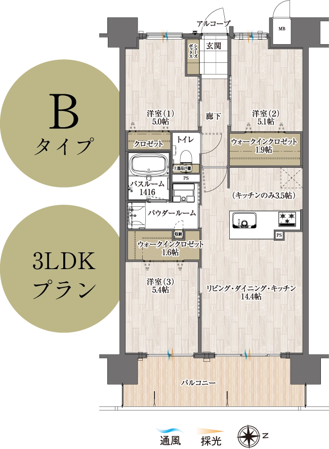 Bタイプ3LDKプランの間取り図