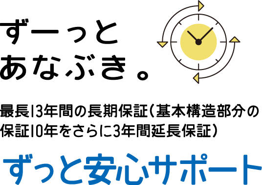 ずーっとあなぶき。　最長13年間の長期保証（基本構造部分の保証10年をさらに3年間延長保証）　ずっと安心サポート