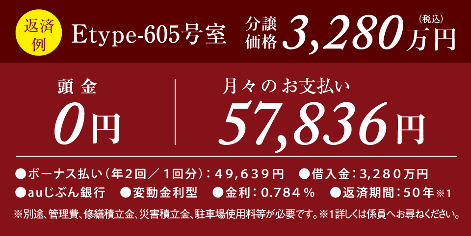【返済例】Etype-605号室 分譲価格3,280万円（税込）　頭金0円　月々のお支払い57,836円　●ボーナス払い（年2回／1回分）：49,639円　●借入金：3,280万円　●auじぶん銀行　●変動金利型　金利0.784%　返済期間50年※1　※別途、管理費修繕積立金、駐車使用料が必要です。※1詳しくは係員へお尋ねください。