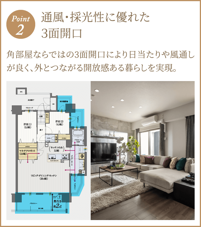 ポイント2 通風・採光性に優れた3面開口