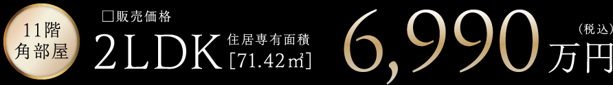 11階／角部屋　販売価格　2LDK 住居専有面積［71.42㎡］ 6,990万円（税込）