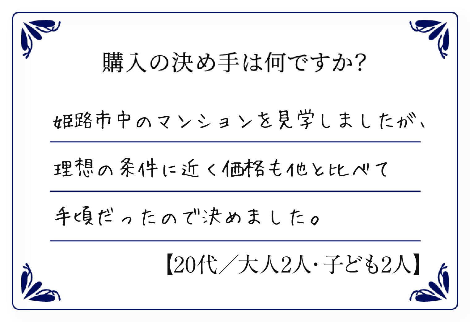 姫路市中のマンションを見学しましたが、理想の条件に近く価格も他と比らべて手頃だったので決めしました。