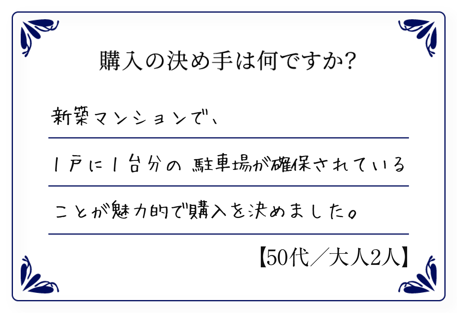 新撃マンションで、1戸に自分の 駐車場が確保されていることが魅力的で購入を決めました。
