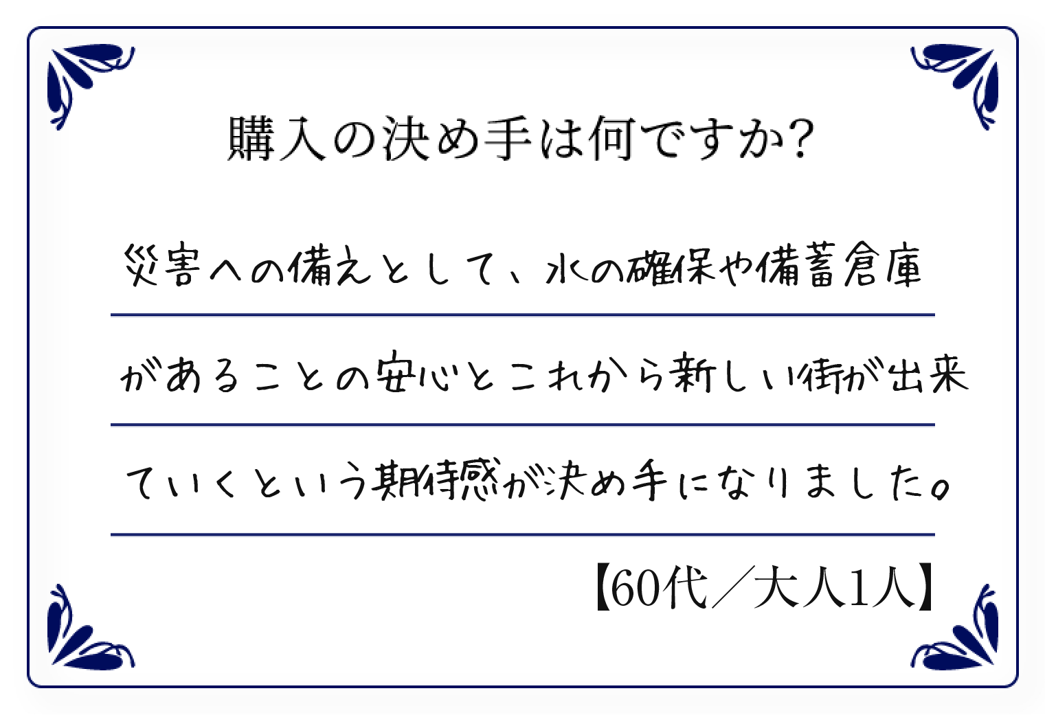 購入の決め手は何ですか？　災害への備えとして、水の確保や備蓄倉庫があることの完心とこれから新しい街が出来ていくという期待感で決め手になりました。