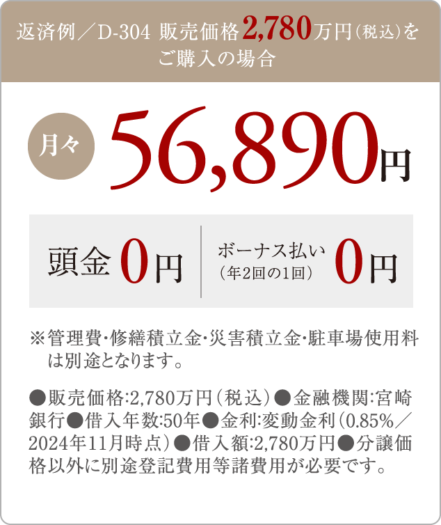 返済例／D-304 販売価格2,780万円（税込）をご購入の場合　月々56,890円　頭金0円 ／ ボーナス払い（年2回の1回）0円　※管理費・修繕積立金・災害積立金・駐車場使用料は別途となります。　●販売価格：2,780万円（税込）●金融機関：宮崎銀行●借入年数：50年●金利：変動金利（0.85％／2024年11月時点）●借入額：2,780万円●分譲価格以外に別途登記費用等諸費用が必要です。