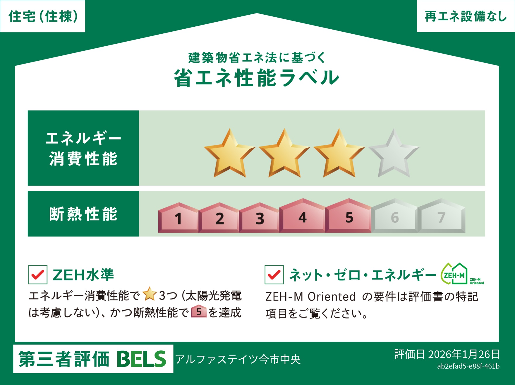 省エネ性能ラベル。エネルギー消費性能 星3つ、断熱性能5、第三者評価BELS