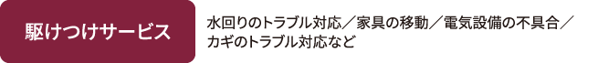 駆けつけサービス 水回りのトラブル対応／家具の移動／電気設備の不具合／カギのトラブル対応など