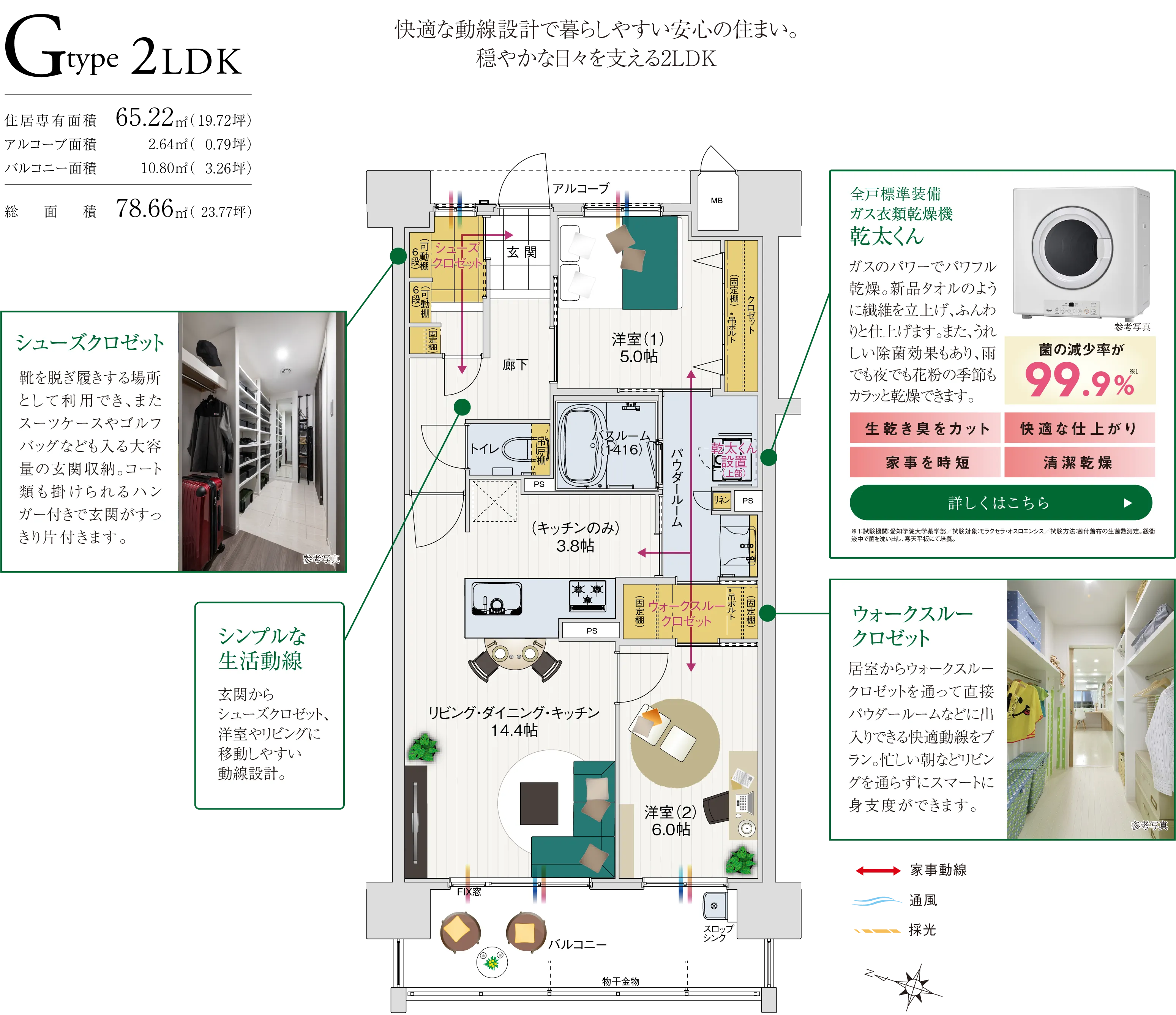 各洋室から直接パウダールームを行き来できる快適な動線を実現した2LDKプラン。