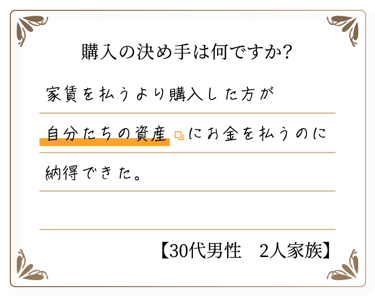 購入の決め手は何ですか？　家賃を払うより購入した方が自分たちの資産にお金を払うのに納得できた。