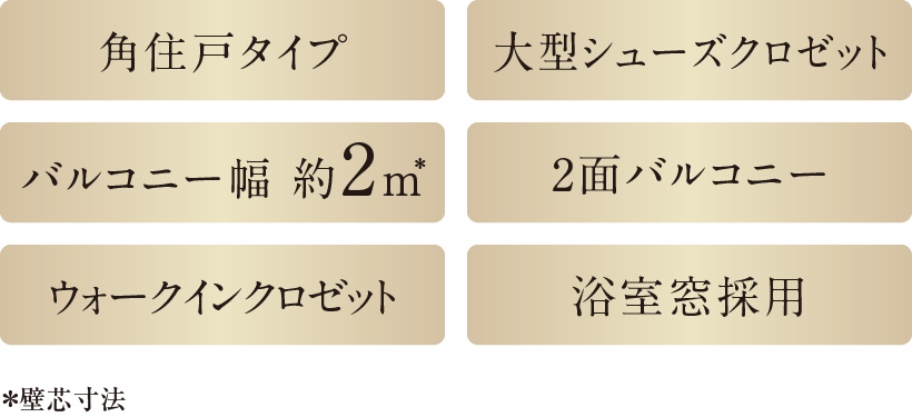 角住戸タイプ/シューズクロゼット/バルコニー幅 約2m*/2面バルコニー/ウォークインクロゼット/浴室窓採用 *壁芯寸法