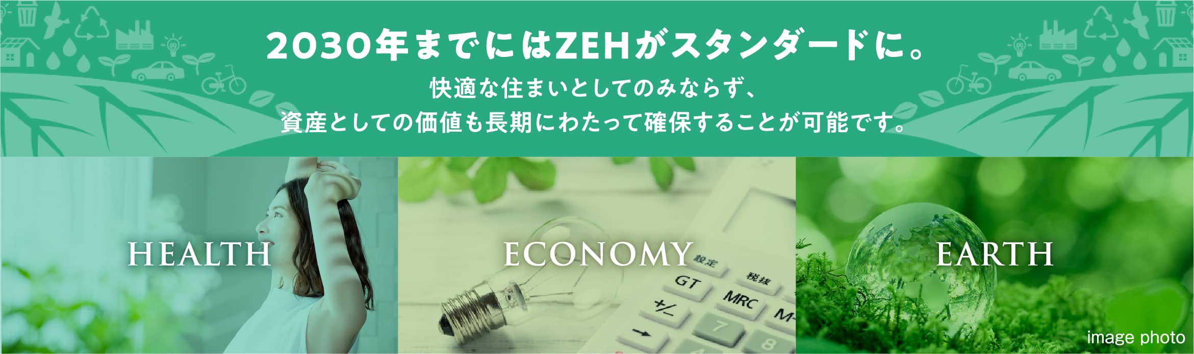 2030年までにはZEHがスタンダードに。快適な住まいとしてのみならず、資産としての価値も長期にわたって確保することが可能です。HEALTH ECONOMY EARTH
