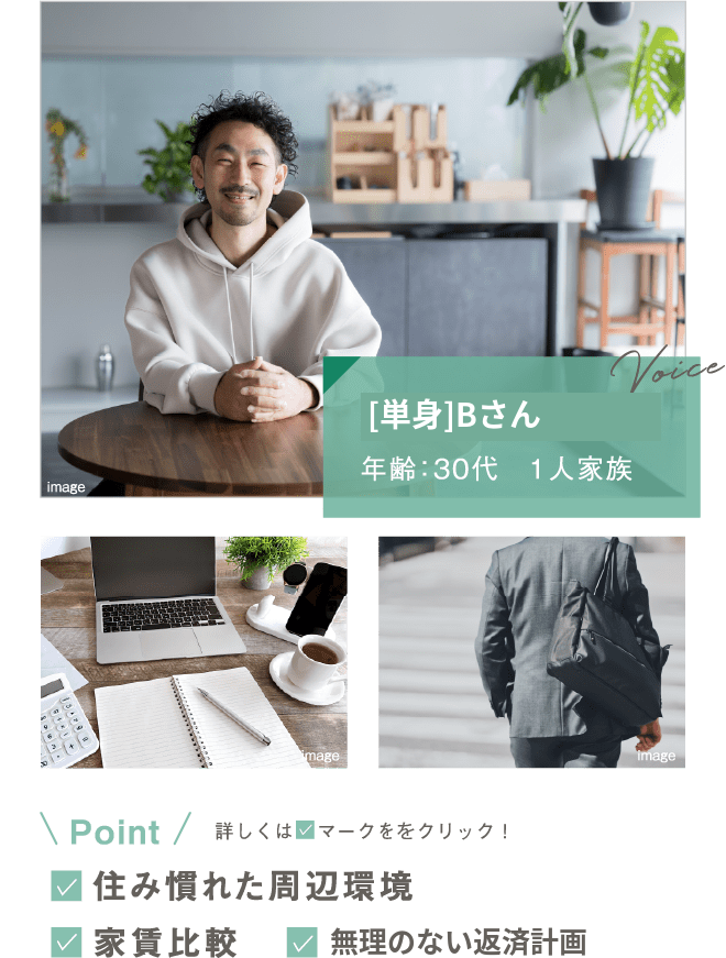 [単身]Bさん／年齢：30代・1人家族。Point：住み慣れた周辺環境／家賃比較／無理のない返済計画