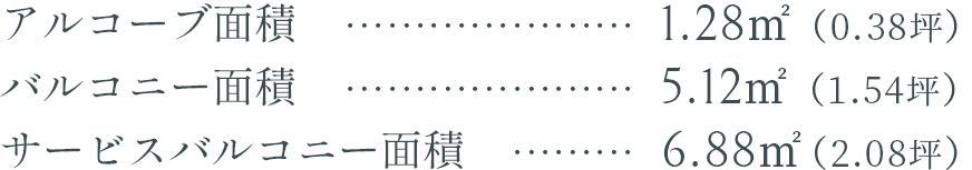 アルコーブ面積1.28㎡（0.38坪）、バルコニー面積5.12㎡（1.54坪）、サービスバルコニー面積6.88㎡（2.08坪）