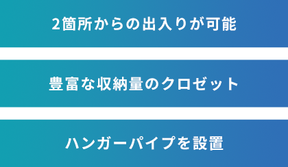 2箇所からの出入りが可能、豊富な収納量のクロゼット、やハンガーパイプを設置