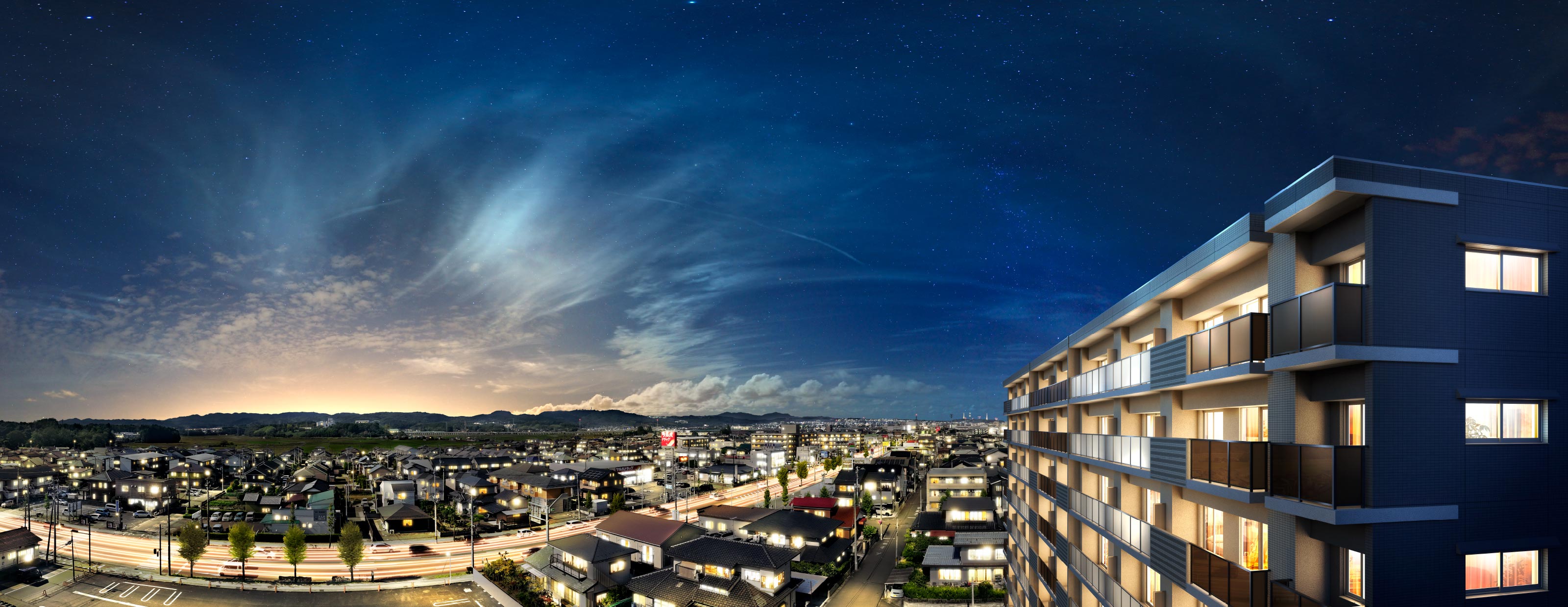 ※掲載の外観完成予想CGは、現地上空9階相当から撮影した眺望写真（2024年10月撮影）にCG加工を施し、外観完成予想図を合成したもので、実際とは異なります。