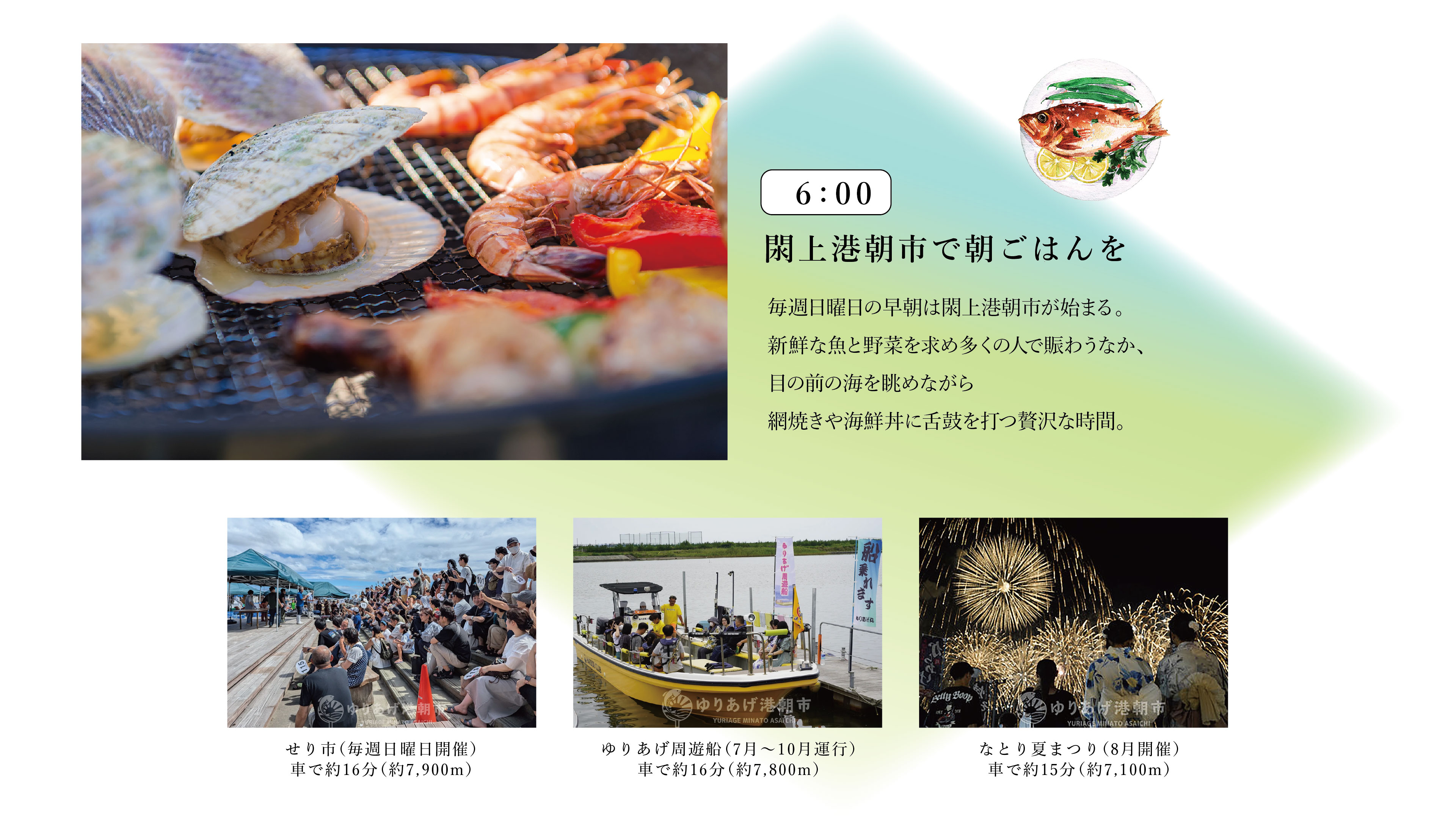6:00　閖上港朝市で朝ごはんを
毎週日曜日の早朝は閖上港朝市が始まる。新鮮な魚と野菜を求め多くの人で賑わうなか、目の前の海を眺めながら網焼きや海鮮丼に舌鼓を打つ贅沢な時間。
・せり市（毎週日曜日開催）　車で約16分（約7,900m）
・ゆりあげ周遊船（7月〜10月運行）　車で約16分（約7,800m）
・なとり夏まつり（8月開催）　車で約15分（約7,100m）