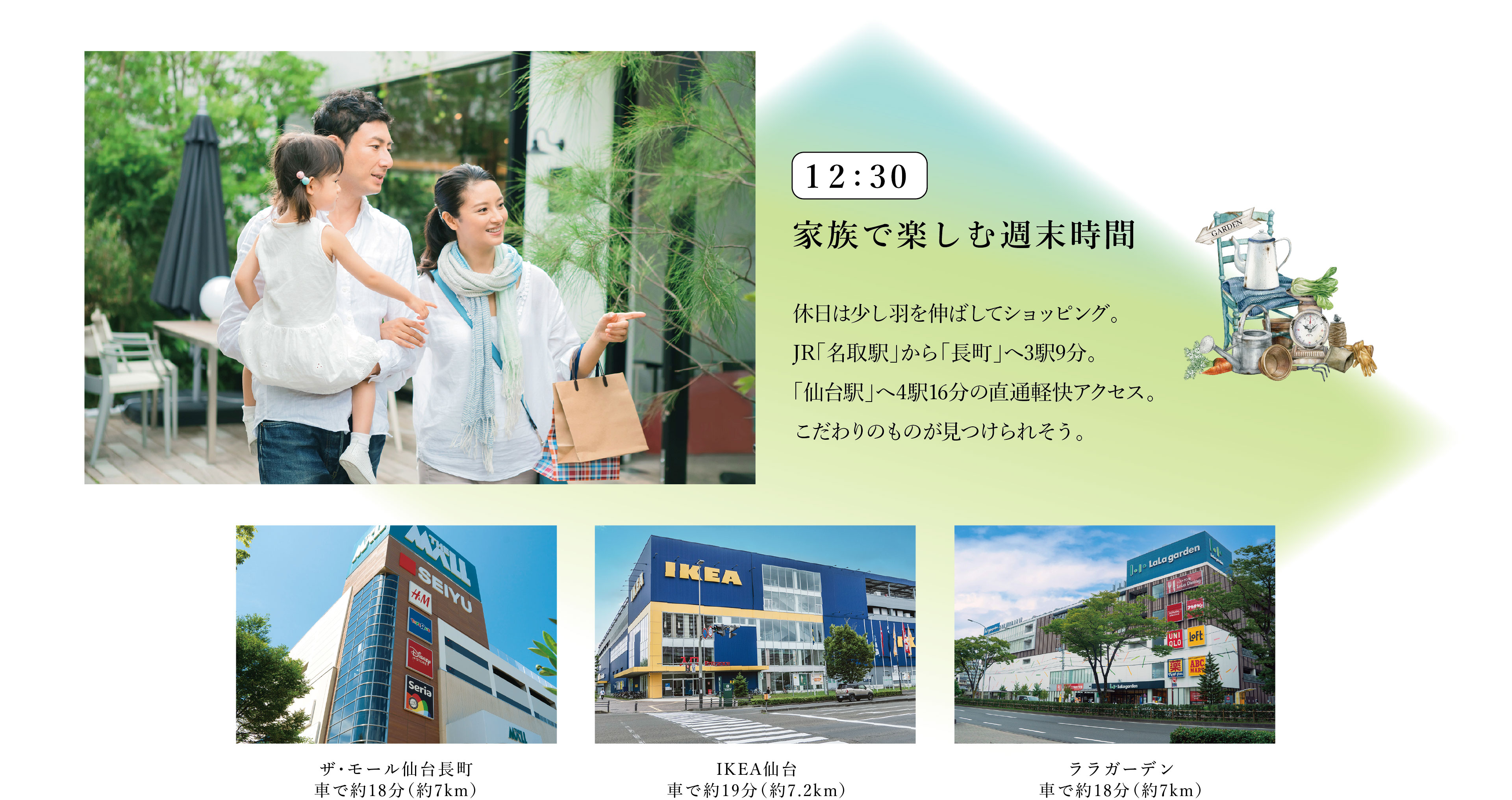 12:30　家族で楽しむ週末時間
休日は少し羽を伸ばしてショッピング。JR「名取駅」から「長町」へ3駅9分。「仙台駅」へ4駅16分の直通軽快アクセス。こだわりのものが見つけられそう。
・ザ・モール仙台長町
車で約18分（約7km）
・IKEA仙台
車で約19分（約7.2km）
・ララガーデン
車で約18分（約7km）