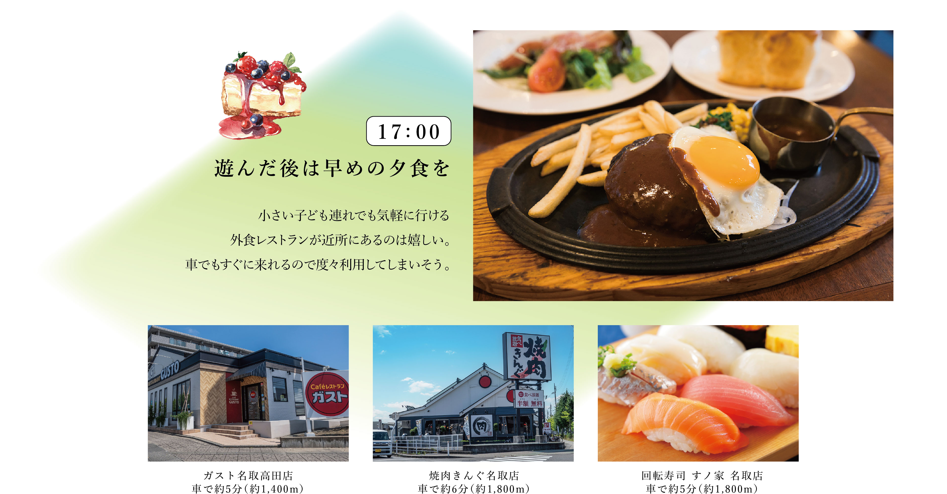 17:00　遊んだ後は早めの夕食を
小さい子ども連れでも気軽に行ける外食レストランが近所にあるのは嬉しい。車でもすぐに来れるので度々利用してしまいそう。
・ガスト名取高田店　車で約5分（約1,400m）
・焼肉きんぐ名取店　車で約6分（約1,800m）
・回転寿司 すノ家 名取店　車で約5分（約1,800m）