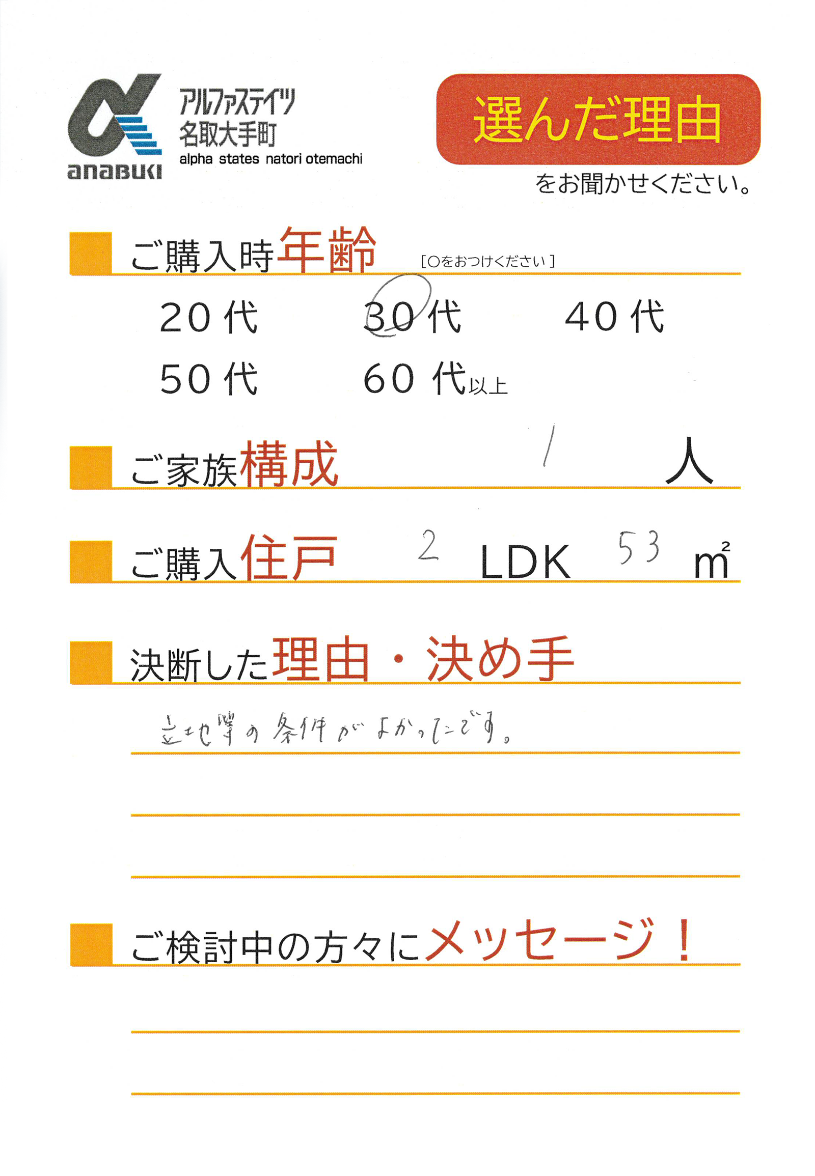 立地等の条件が良かったです。