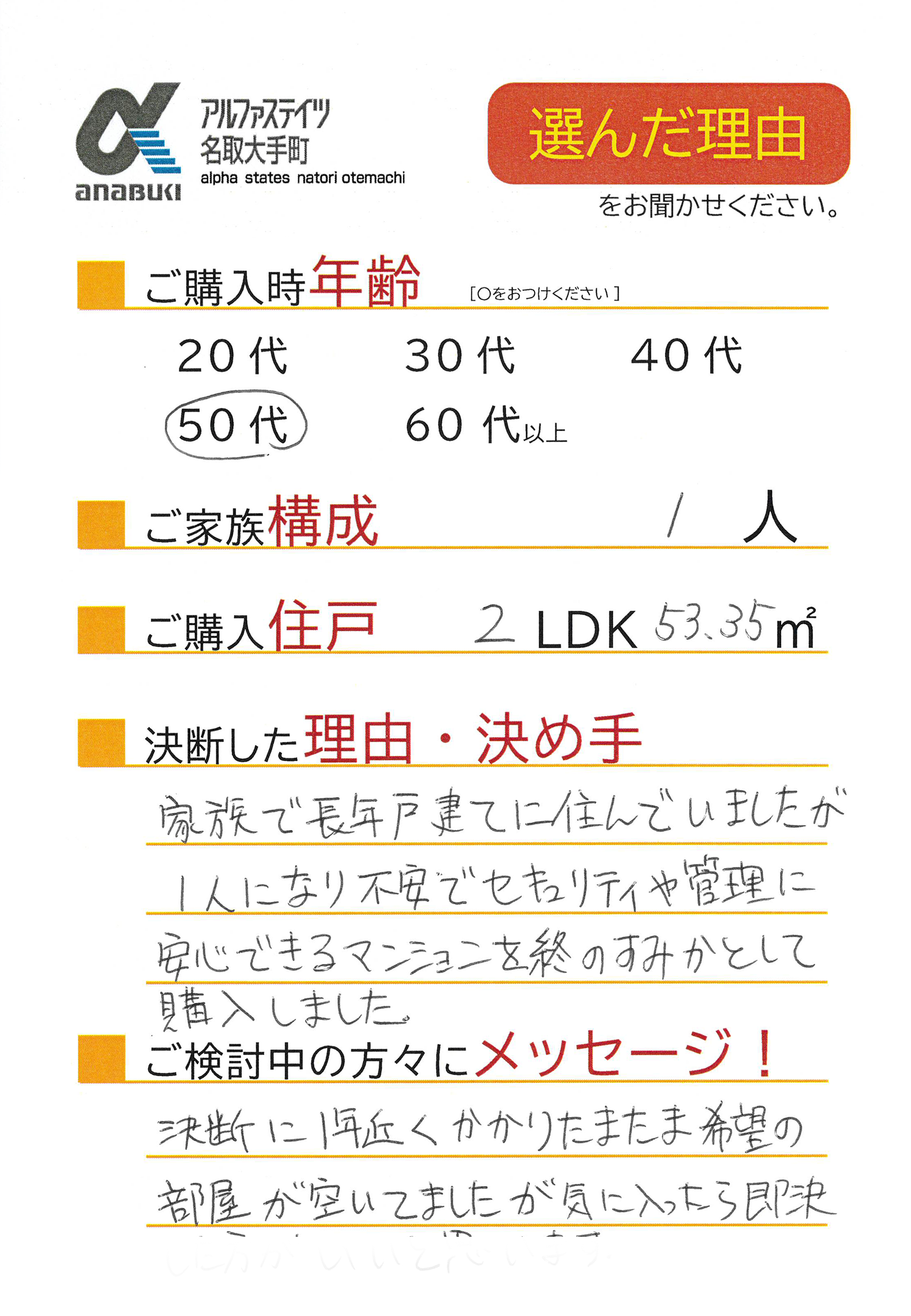 家族で長年戸建てに住んでいましたが、1人になり不安でセキュリティや管理に安心できるマンションを終のすみかとして購入しました。