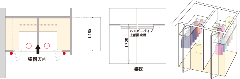 SELECT CLOSET 04 スペースを半分に区切り、それぞれL字にハンガータイプと棚を配置したクロゼット。