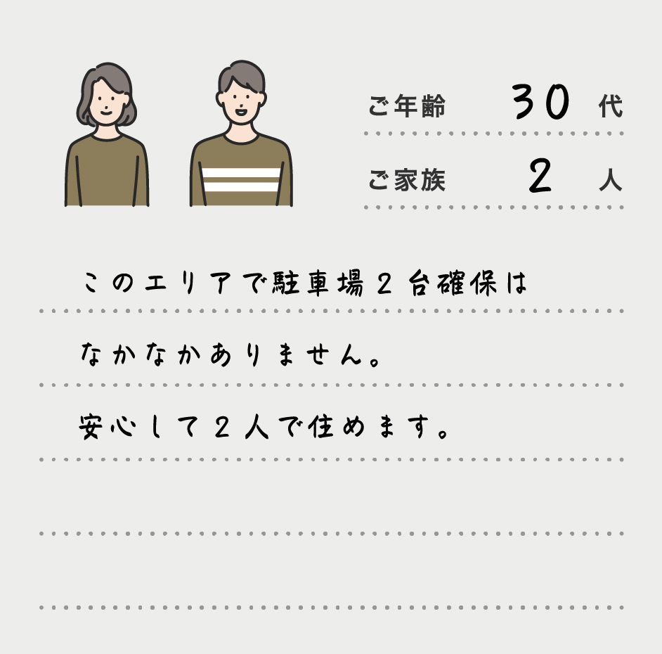 このエリアで駐車場2台確保はなかなかありません。安心して2人で住めます。