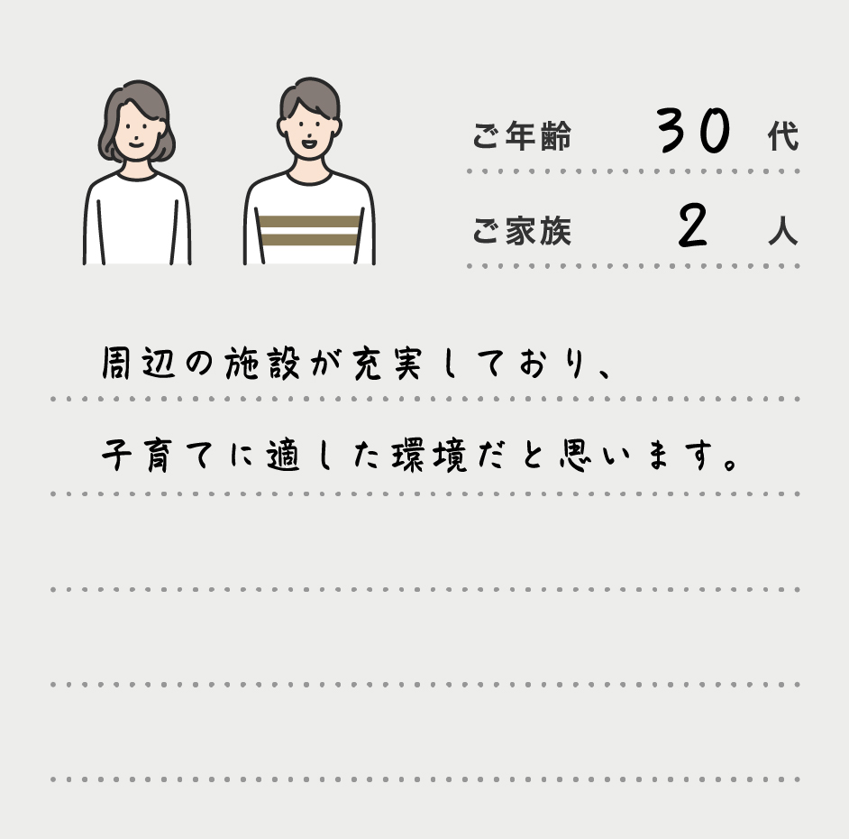周辺の施設が充実しており、子育てに適した環境だと思います。