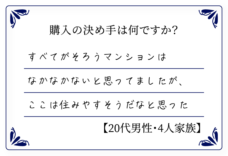 購入の決め手は何ですか？　すべてがそろうマンションはなかなかないと思っていましたが、ここは住みやすそうだなと思った