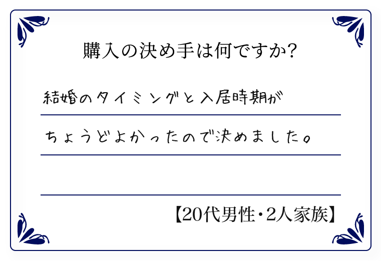 結婚のタイミングと入居時期がちょうどよかったので決めました。
