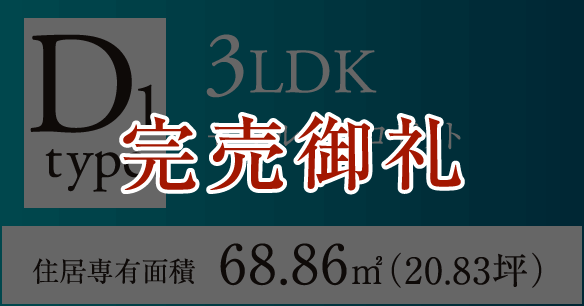 D1タイプ 3LDK＋マルチクロゼット 住居専有面積68.86㎡（20.83坪）　完売御礼