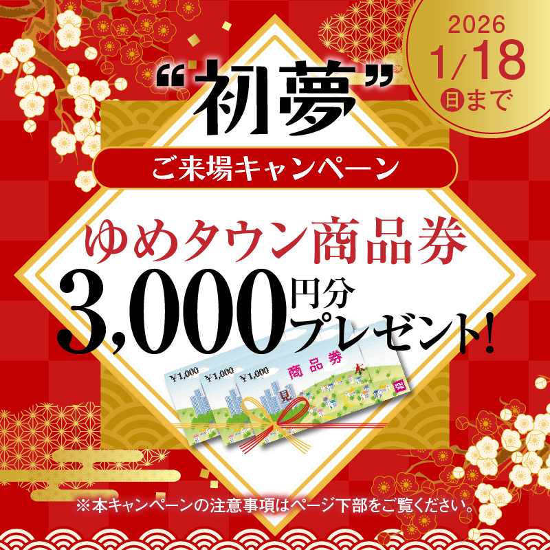 モデルルームご来場キャンペーン　事前にご来場予約の上、マンションギャラリーへお越しいただいた方に　ゆめタウン商品券3,000円分プレゼント！