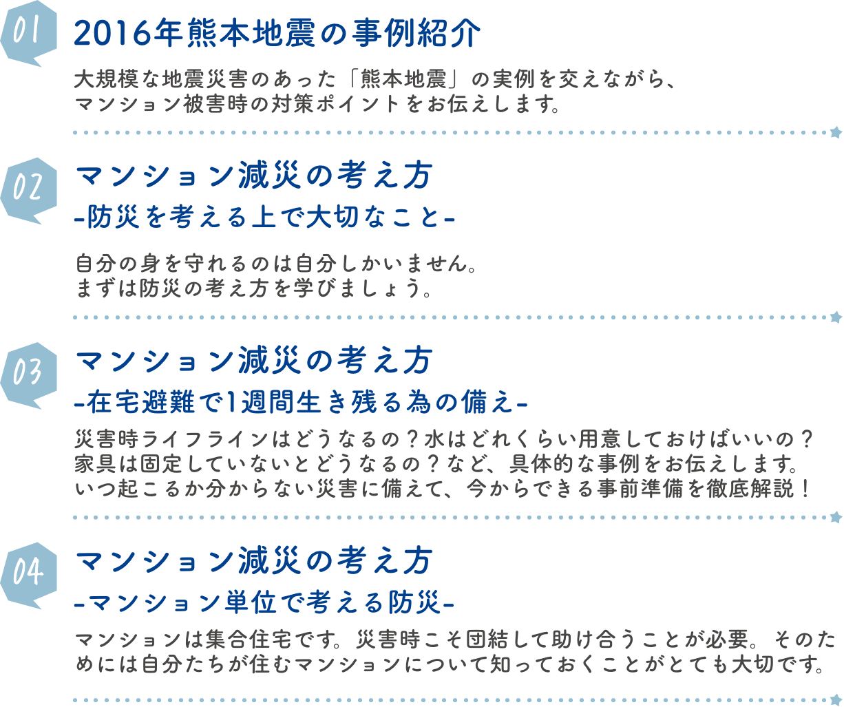 2016年熊本地震の事例紹介 大規模な地震災害のあった「熊本地震」の実例を交えながら、マンション被害時の対策ポイントをお伝えします。マンション減災の考え方-防災を考える上で大切なこと- 自分の身を守れるのは自分しかいません。まずは防災の考え方を学びましょう。マンション減災の考え方-在宅避難で1週間生き残る為の備え- 災害時ライフラインはどうなるの？水はどれくらい用意しておけばいいの？家具は固定していないとどうなるの？など、具体的な事例をお伝えします。いつ起こるか分からない災害に備えて、今からできる事前準備を徹底解説！マンション減災の考え方-マンション単位で考える防災-マンションは集合住宅です。災害時こそ団結して助け合うことが必要。そのためには自分たちが住むマンションについて知っておくことがとても大切です。