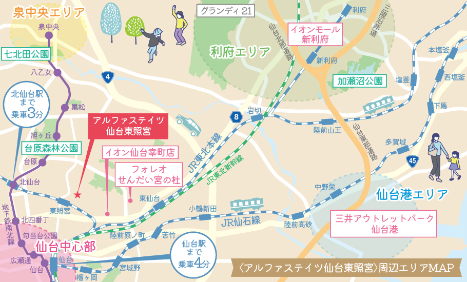 〈アルファステイツ仙台東照宮〉周辺エリアイラストマップ