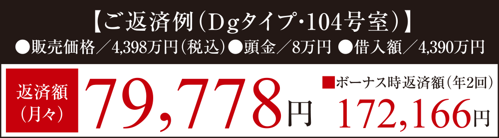 【ご返済例(Dgタイプ・104号室)】
●販売価格/4,398万円(税込)●頭金/8万円 ●借入額/4,390万円