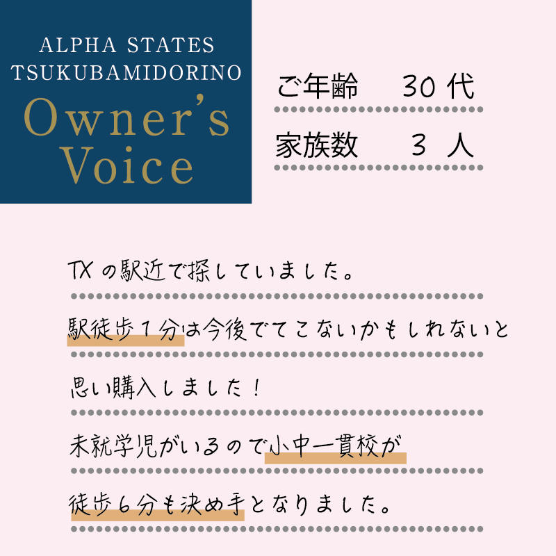 TXの駅近で探していました。駅徒歩1分は今後でてこないかもしれないと思い購入しました！