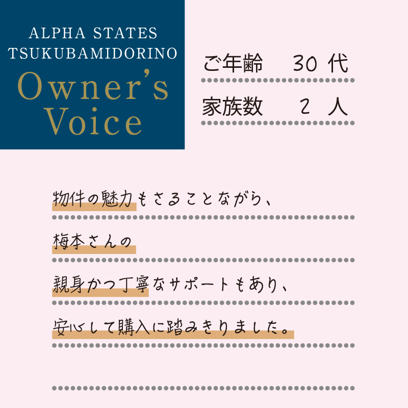 物件の魅力もさることながら、梅本さんの親身かつ丁寧なサポートもあり、安心して購入に踏みきりました。
